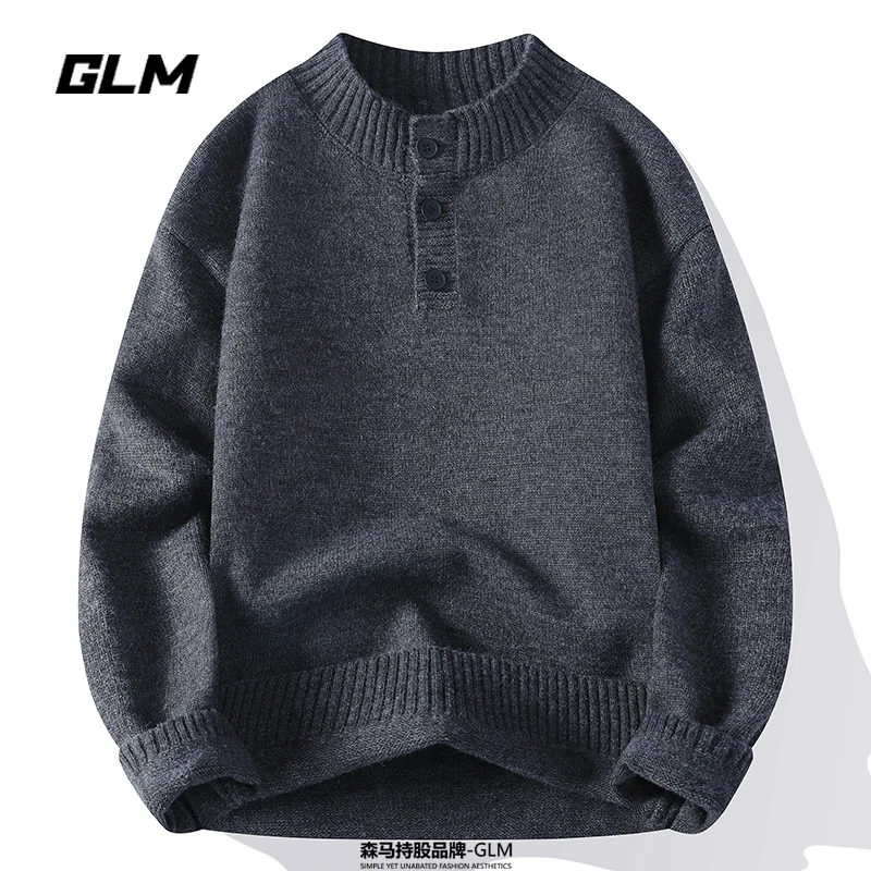 GLM秋冬季慵懒风半高领纽扣休闲保暖宽松加厚春秋套头毛衣 男外套