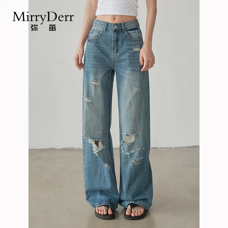 MirryDerr/弥笛时髦破洞阔腿牛仔裤女2025夏季新款高腰百搭直筒裤