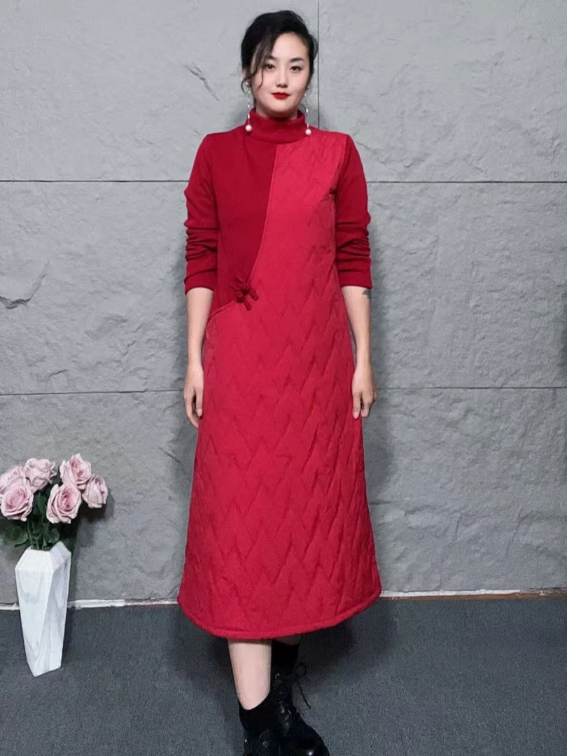 冬季新款加棉加绒长袖裙子立领新中式盘扣气质显瘦长款连衣裙78-1
