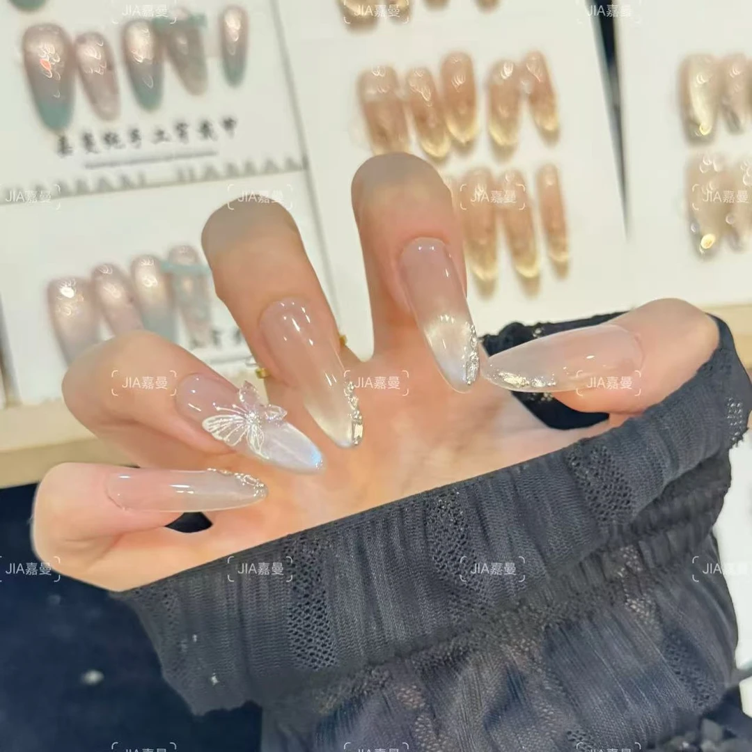 【晶蝶】纯手工蝴蝶爆闪猫眼碎钻穿戴甲高级显白美甲贴片