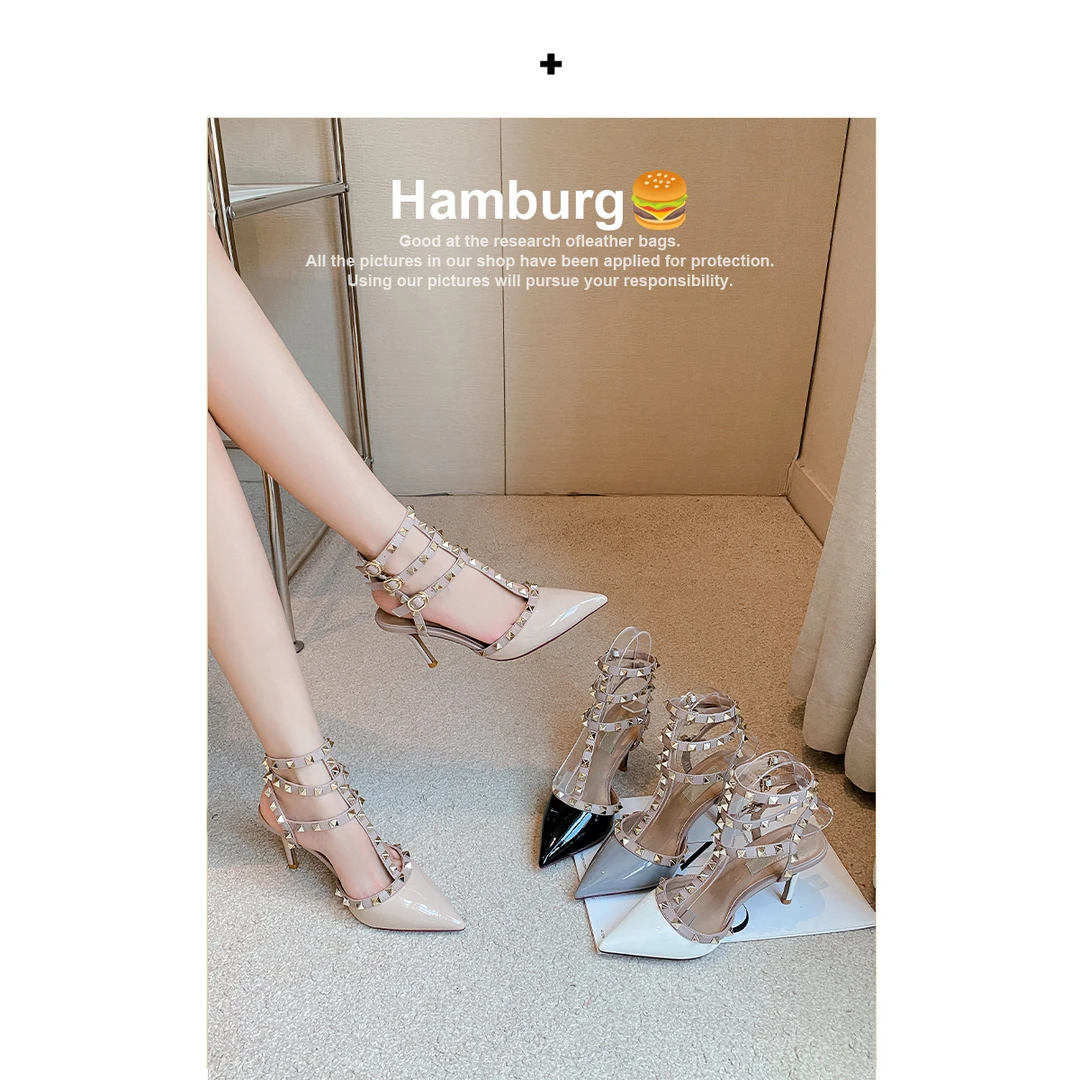汉堡Hamburg【带刺的玫瑰】尖头裸色铆钉高跟鞋女细跟绝美高跟凉鞋
