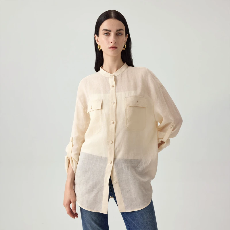 寺山文也 逸影/苎麻简约休闲夏季薄款纯色小立领防晒长袖衬衫女