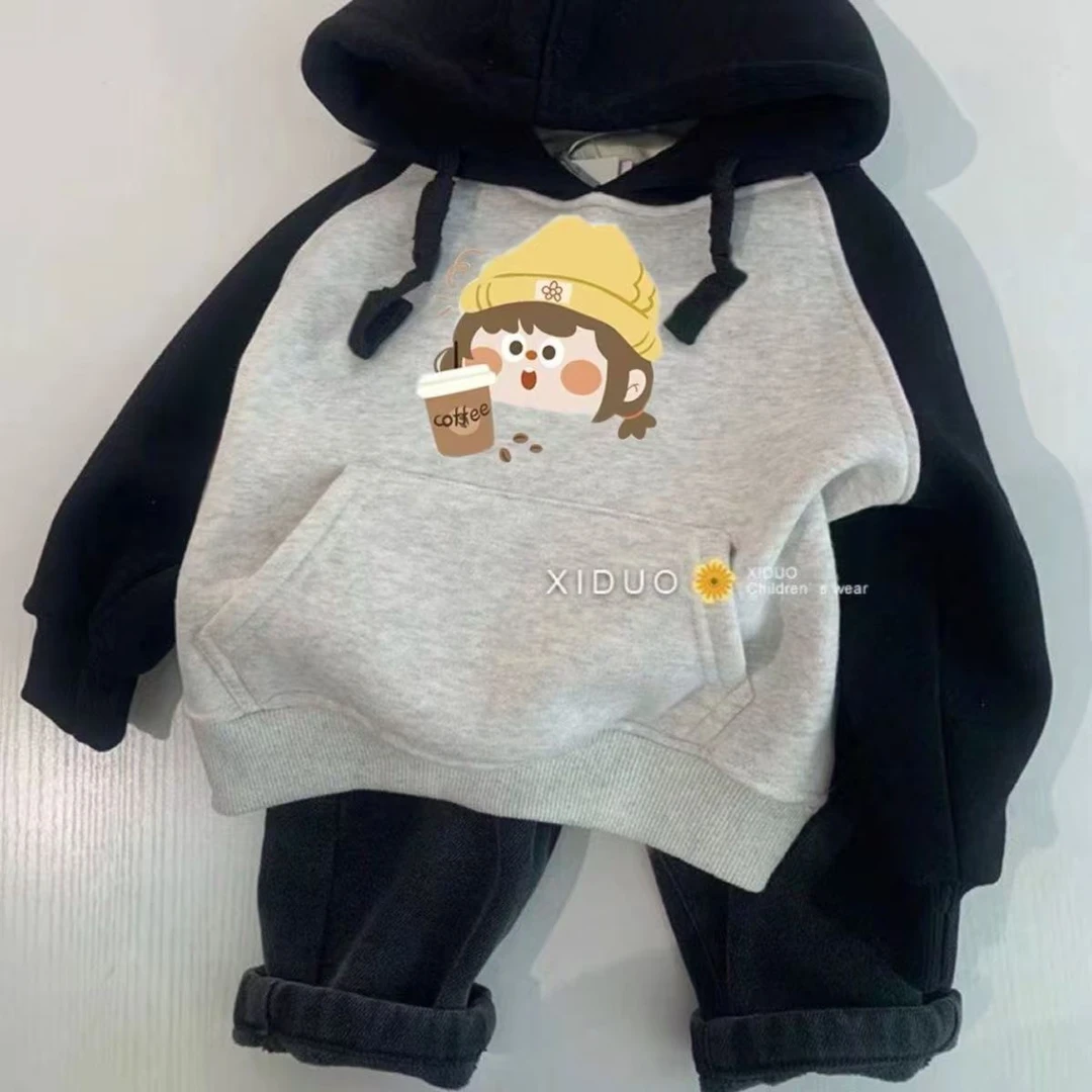 儿童打底华棉卫衣男童连帽卫衣秋冬新款女童加绒加厚大童卡通上衣
