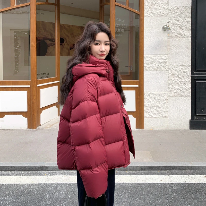 休闲风酒红色短款羽绒服2025冬季新款小众韩版ins宽松加厚面包服