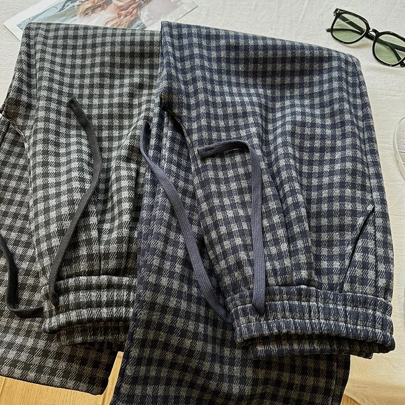 大码女装胖mm240斤复古格子加绒阔腿裤女松弛感宽松直筒休闲卫裤