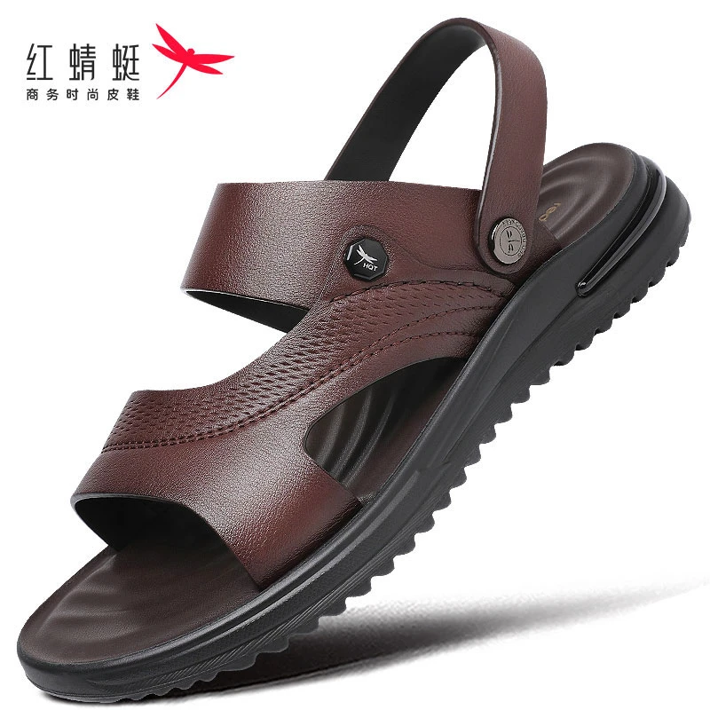 红蜻蜓秋季凉鞋男真皮头层牛皮开车上班工作凉拖鞋外穿两用沙滩鞋