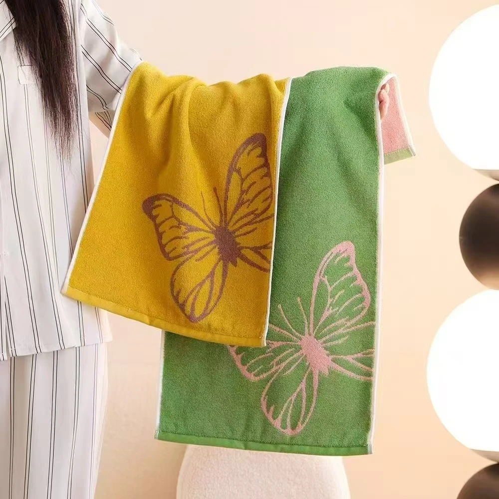 【两条装】蝴蝶花朵毛巾 棉洗脸巾家用加厚吸水彩条毛巾