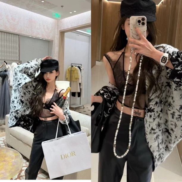 （浠儿家）韩系氛围感穿搭黑白雪花蝙蝠袖秋冬慵懒高级感针织开衫