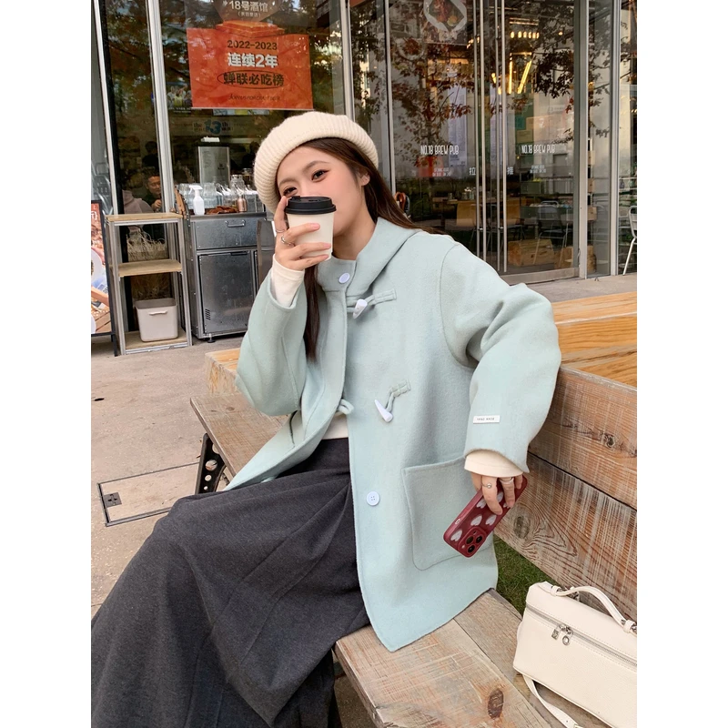 【ALINDM年终大清仓】连帽牛角扣毛呢外套大衣AS25154