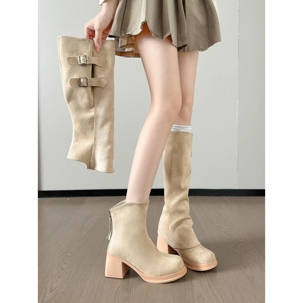 胖MM厚底粗跟长筒靴百搭可拆卸两穿骑士靴小个子不累脚套筒裤管靴