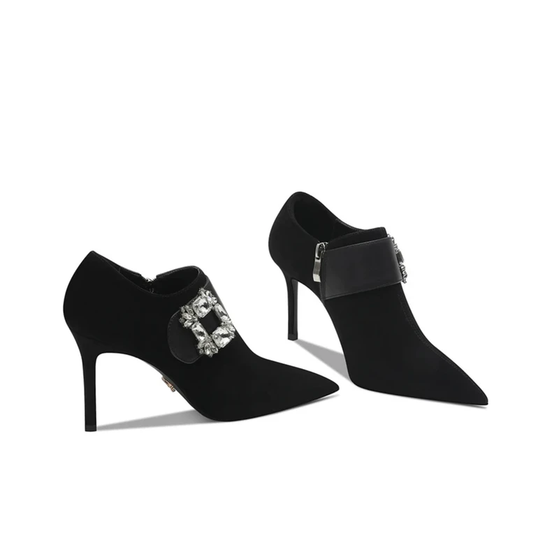 【手工女鞋】黑色高跟鞋女2025秋冬新款细跟尖头深口单鞋小码百搭