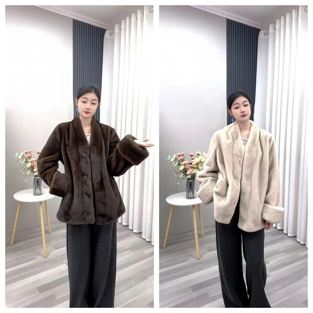 【维多利亚】2025秋冬双色韩版挽袖款百搭V领慵懒毛毛时尚外套保暖