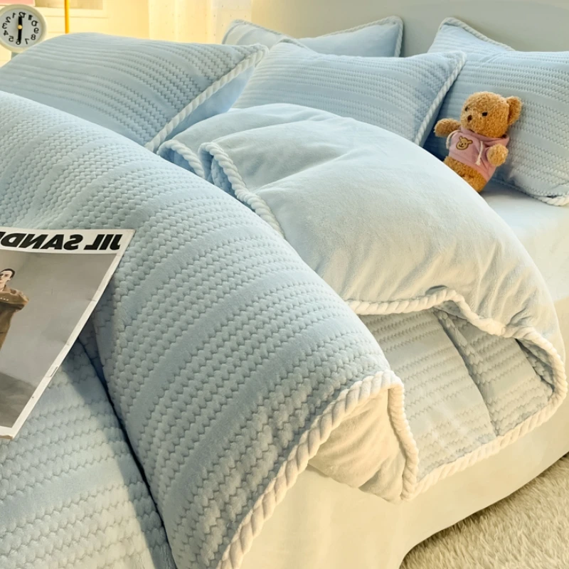 秋冬季牛奶绒双面法兰绒提花被套床上四件套加厚珊瑚绒床单三件套