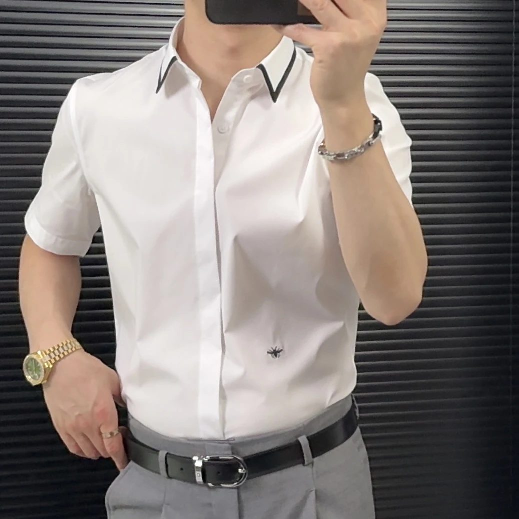 男商务职业男士潮流纯色短袖商务衬衫衬衣白色时尚休闲