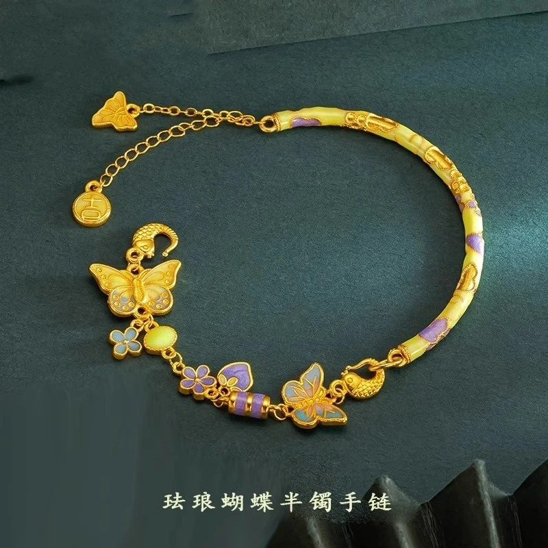 足银手镯 正品纯银蝶恋花半镯半链手链手镯女款珐琅彩银镯送女友