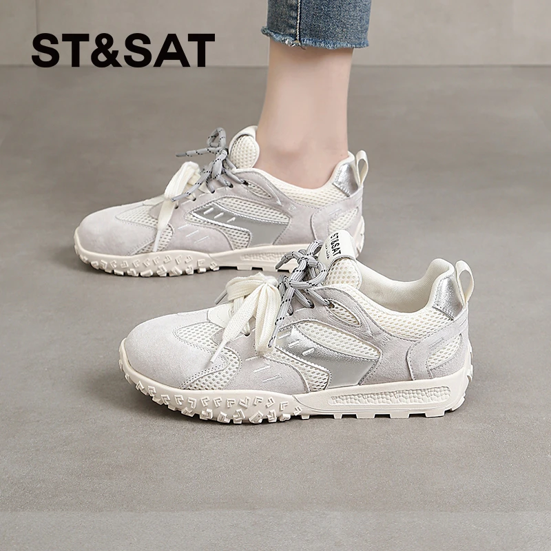 星期六网面德训鞋女款2025新款夏季透气爆款复古阿甘女鞋休闲小白