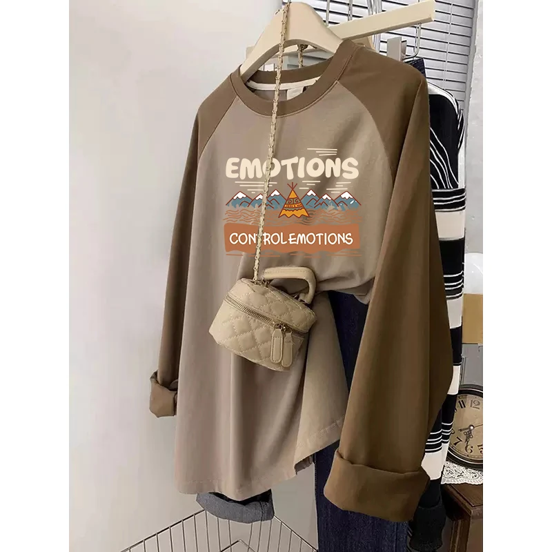 2025年春秋新款宽松百搭插肩纯棉长袖t恤女oversize显瘦遮肚上衣