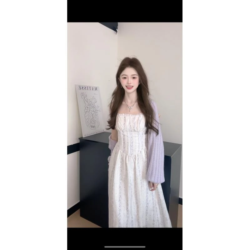 法式温柔风花边吊带连衣裙女大码新款春季外带坎肩针织衫两件套装