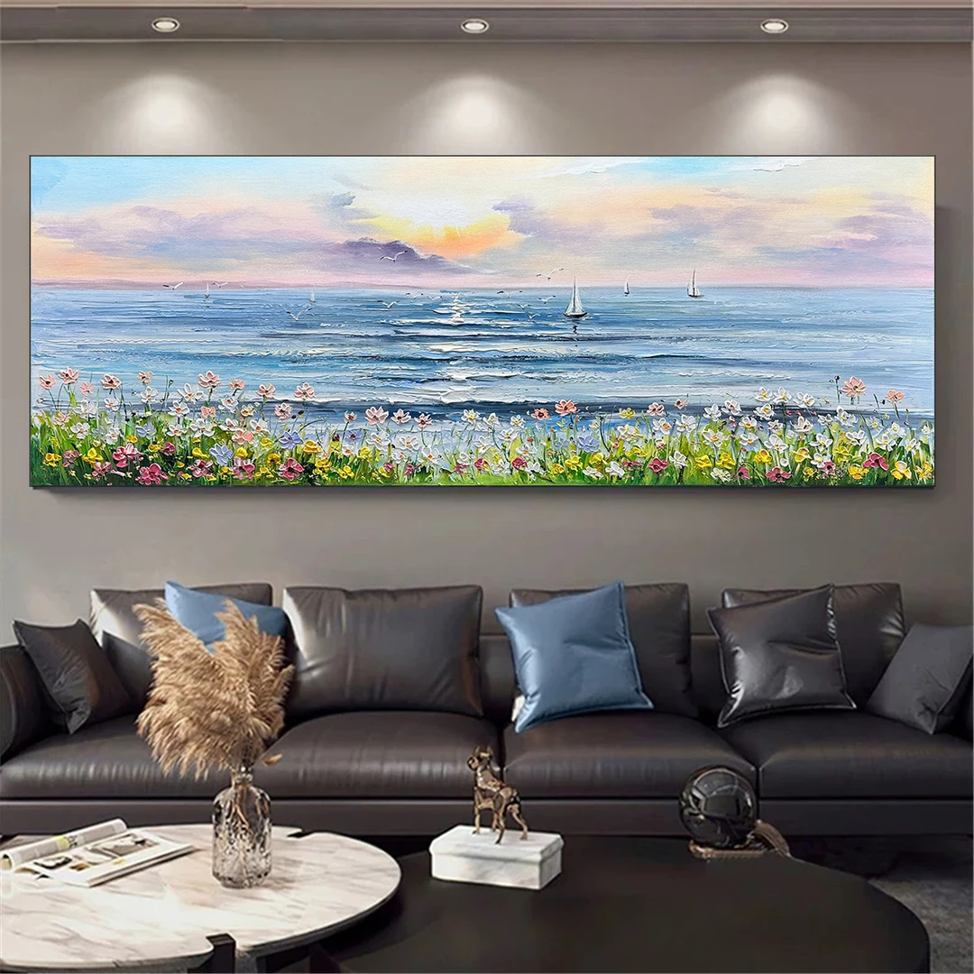 （海上繁花）横版客厅沙发背景墙奶油风原木沙发背景手绘油画装饰画