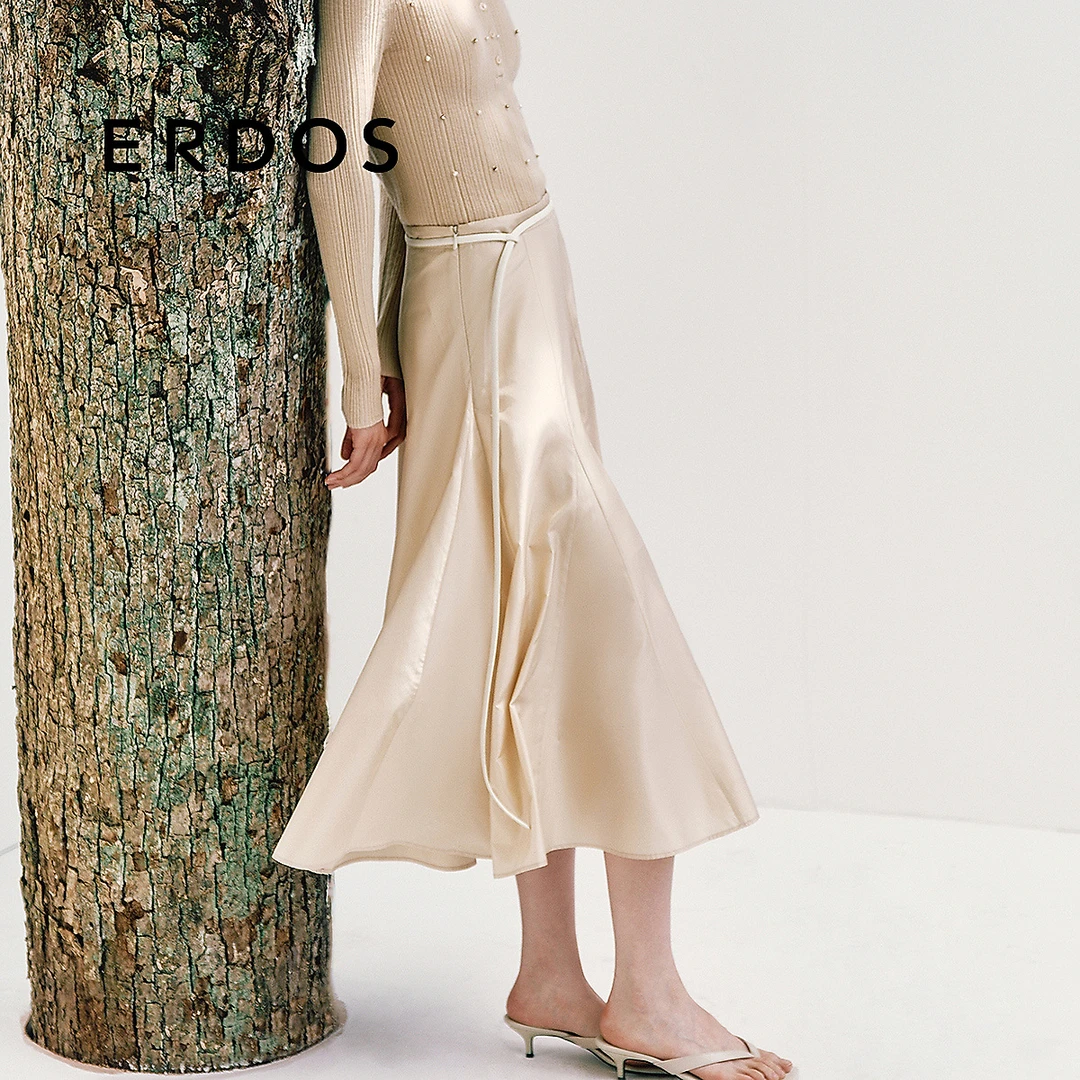 【刘雯同款】ERDOS真丝塔夫绸半身裙春浅卡其色A字伞裙