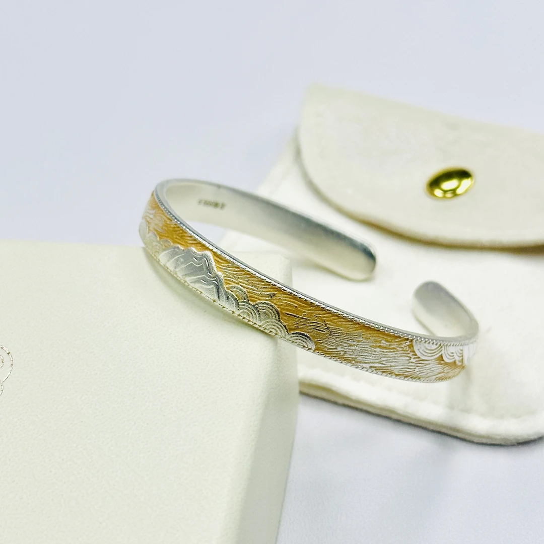 足银手镯  描金新中式山盟海誓日照千里金山开口实心手镯足银9999