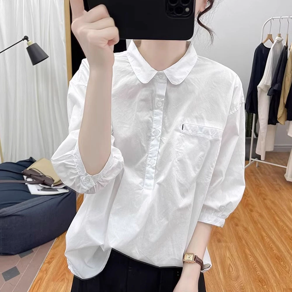 法式灯笼短袖元宝领纯色简约薄款纯棉衬衫女夏季洋气显瘦百搭上衣