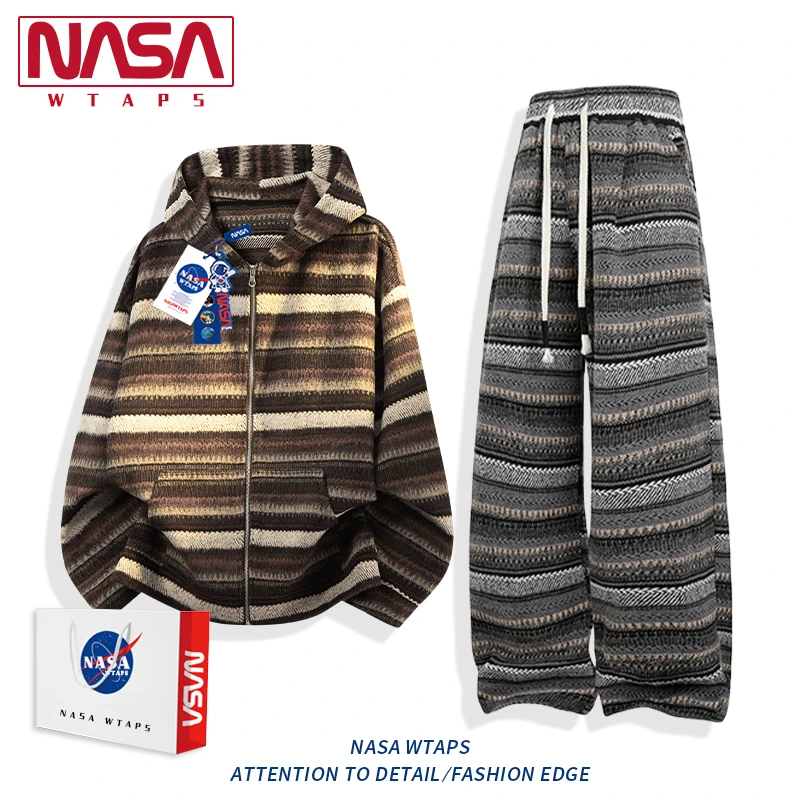 NASA WTAPS美式毛呢条纹连帽卫衣套装男款春秋季潮牌宽松休闲套装