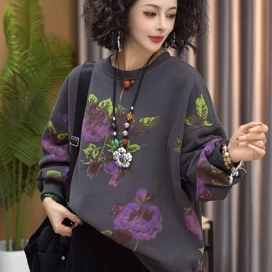 2025秋季新款加绒花色减龄显瘦长袖女款洋气女卫衣31229