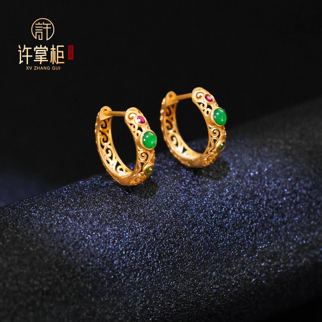 许掌柜｜18K金镶嵌镂空古法花丝耳扣耳圈天然翡翠A货复古气质百搭