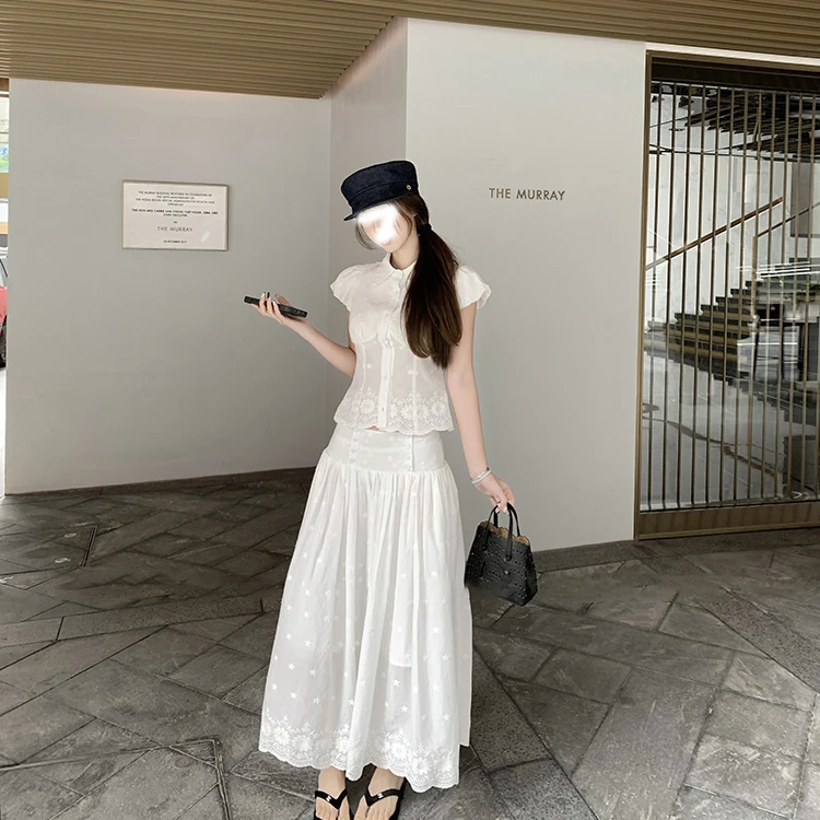 南法假日 法复古式仙女气质高级刺绣收腰衬衫/中长款半裙套装女