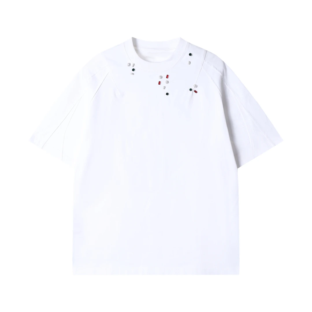 早春新款时尚个性韩版纯色烫钻圆领短袖T恤小众设计百搭套头上衣