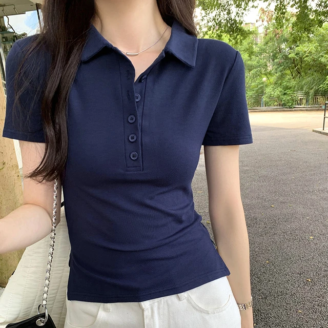 韩系小众别致翻领休闲短袖t恤女夏新款美式高级感正肩显瘦衫夏季