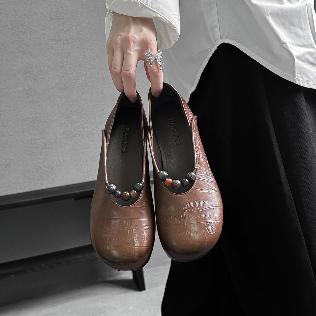 复古小众串珠一字带粗跟玛丽珍鞋女2025秋季新款擦色圆头浅口单鞋