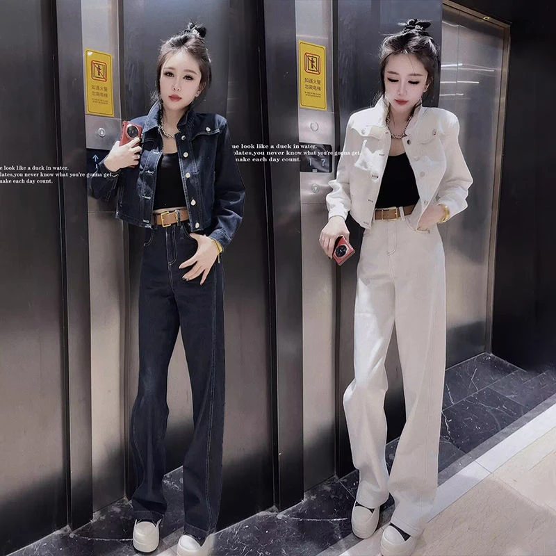 韩版时尚休闲牛仔套装女2025春秋新款洋气短外套直筒裤显瘦两件套