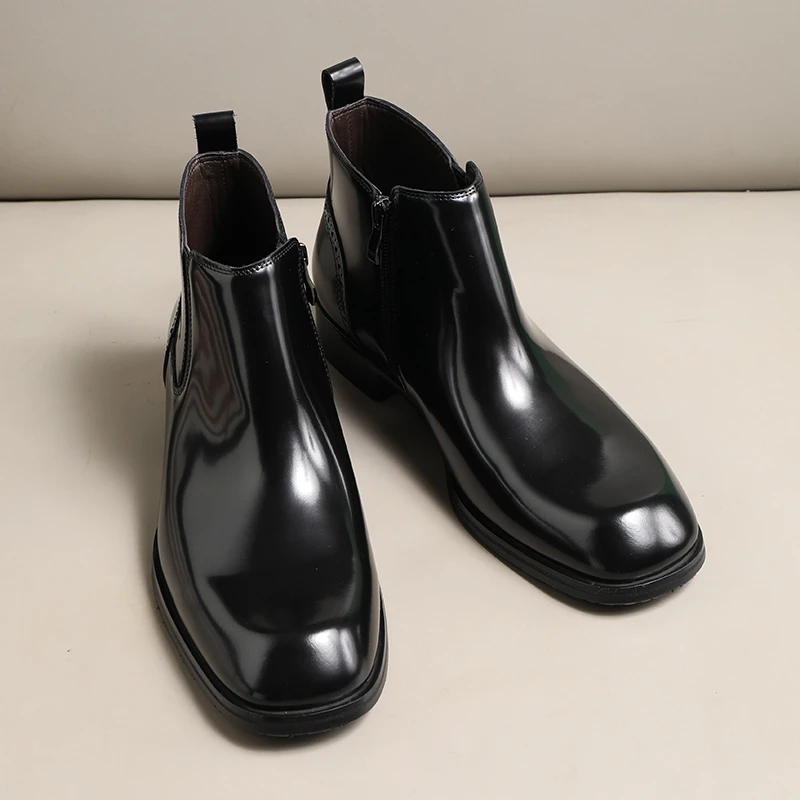 秋冬新款英伦切尔西靴男方头商务皮鞋男士亮皮马丁靴短靴时尚通勤