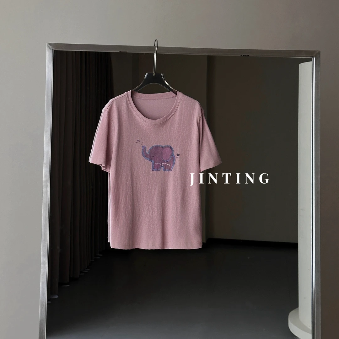 韩系夏季卡通印花小紫象圆领涂鸦减龄百搭短袖T恤-M25202424