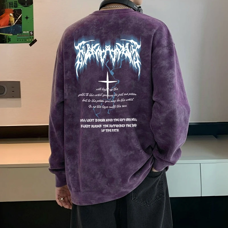 秋季新款美式扎染圆领卫衣男生打底衫休闲宽松长袖青少年百搭上衣