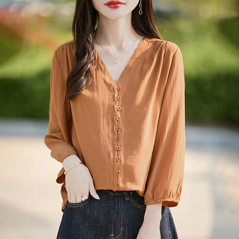 高端水洗棉七分袖衬衣女2025新V领时尚气质小衫上衣显瘦衬衫防晒