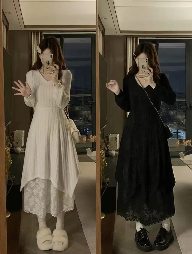 ENYU/小个子2025新款保暖白色蕾丝裙长袖连衣裙拼接冬季A字裙