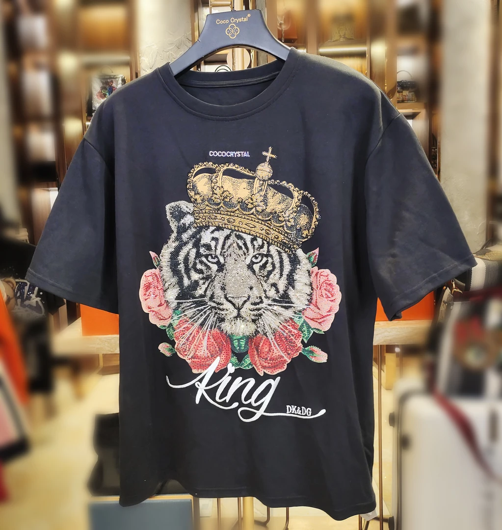 男女同款皇冠玫瑰老虎图案中袖T恤-80018