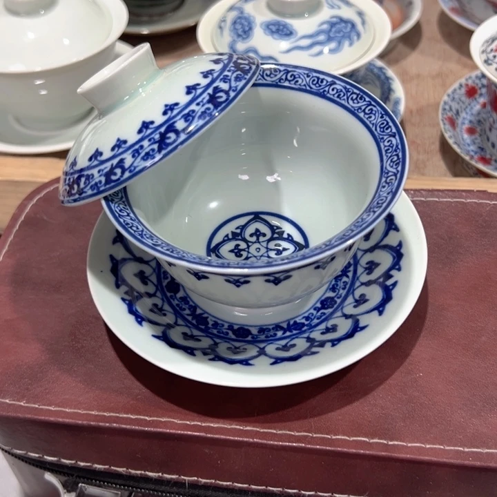 瓷片白青花宝相元宝盖碗全品