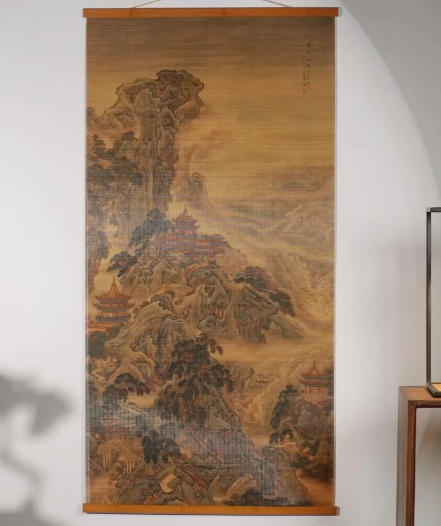 精品竹丝蓬莱仙岛双面挂画竹挂帘茶室装饰画客厅玄关