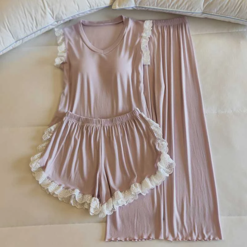 【维多利亚专柜奢品】带胸垫一体睡衣女夏季无袖背心三两件套薄款