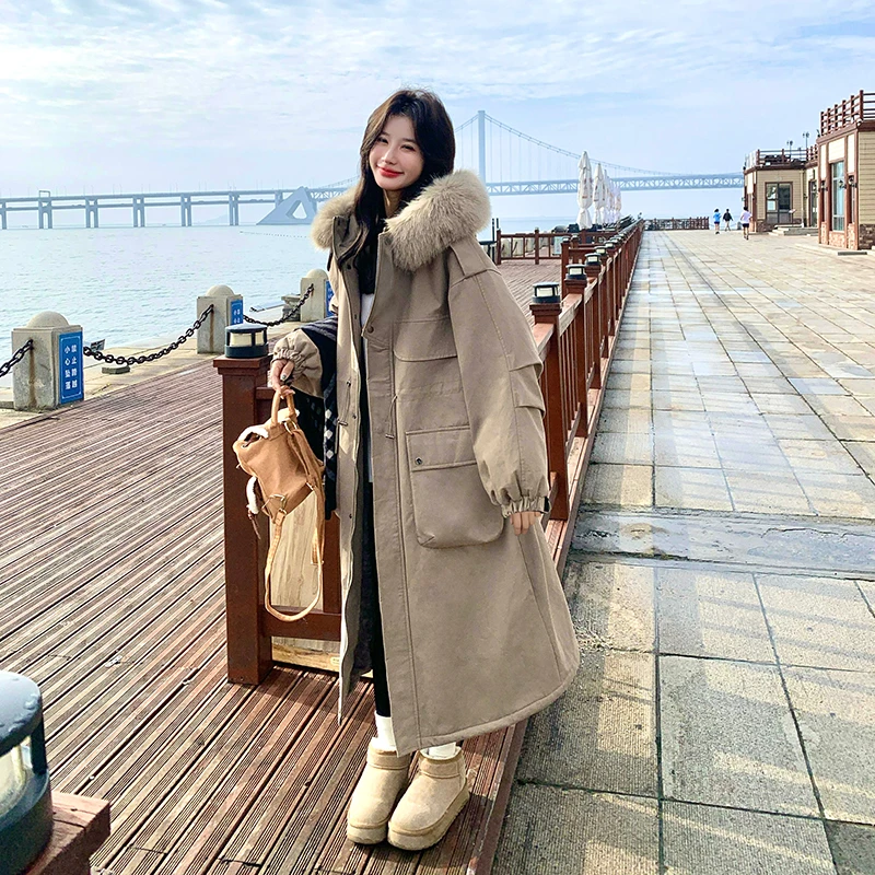 韩版大毛领工装派克服女长款2025冬季新款高级感加绒加厚保暖外套