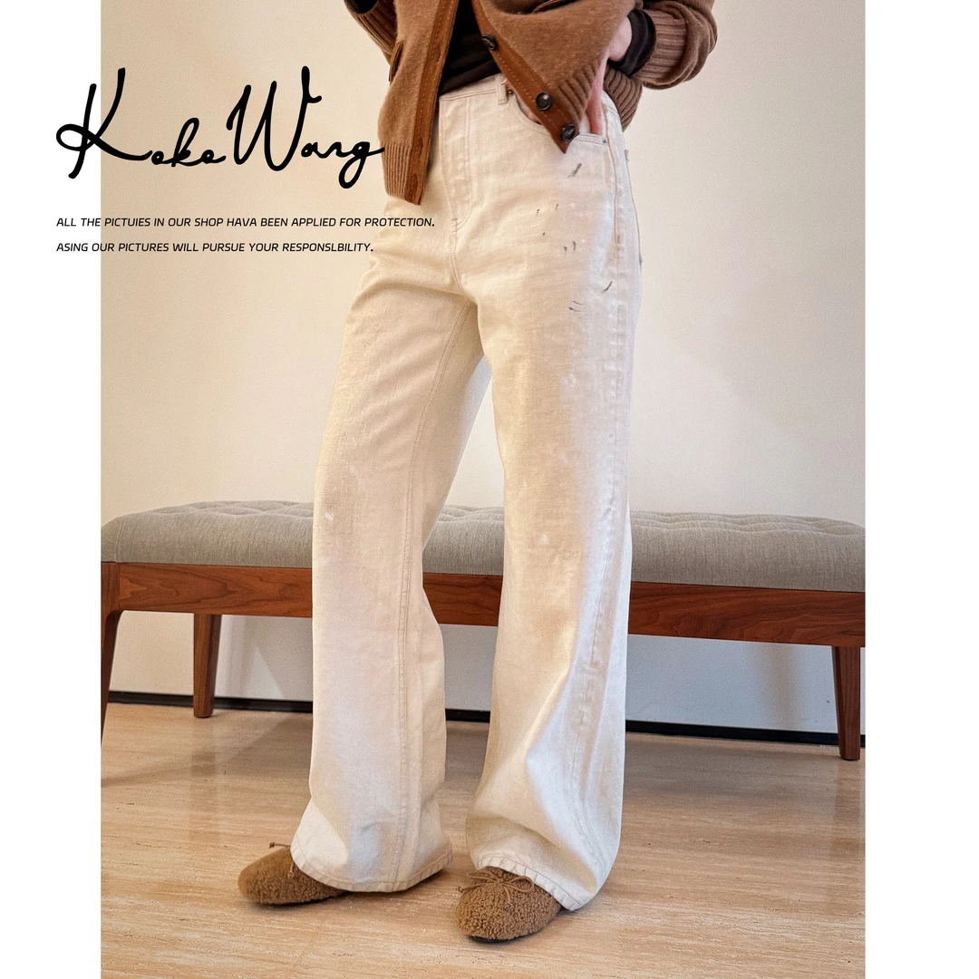 KOKOWANG【脏脏白】秋冬裤子复古泼墨显瘦直筒牛仔裤 N6855H16K42