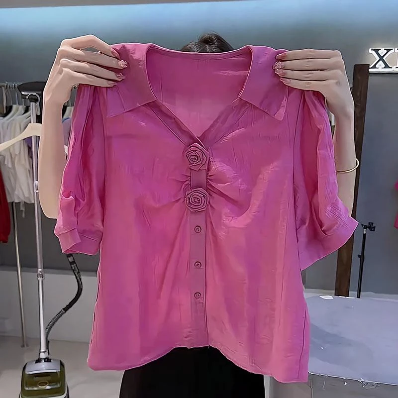 哥弟阿玛施正品法式立体花朵短袖衬衫女夏洋气独特百搭气质上衣时