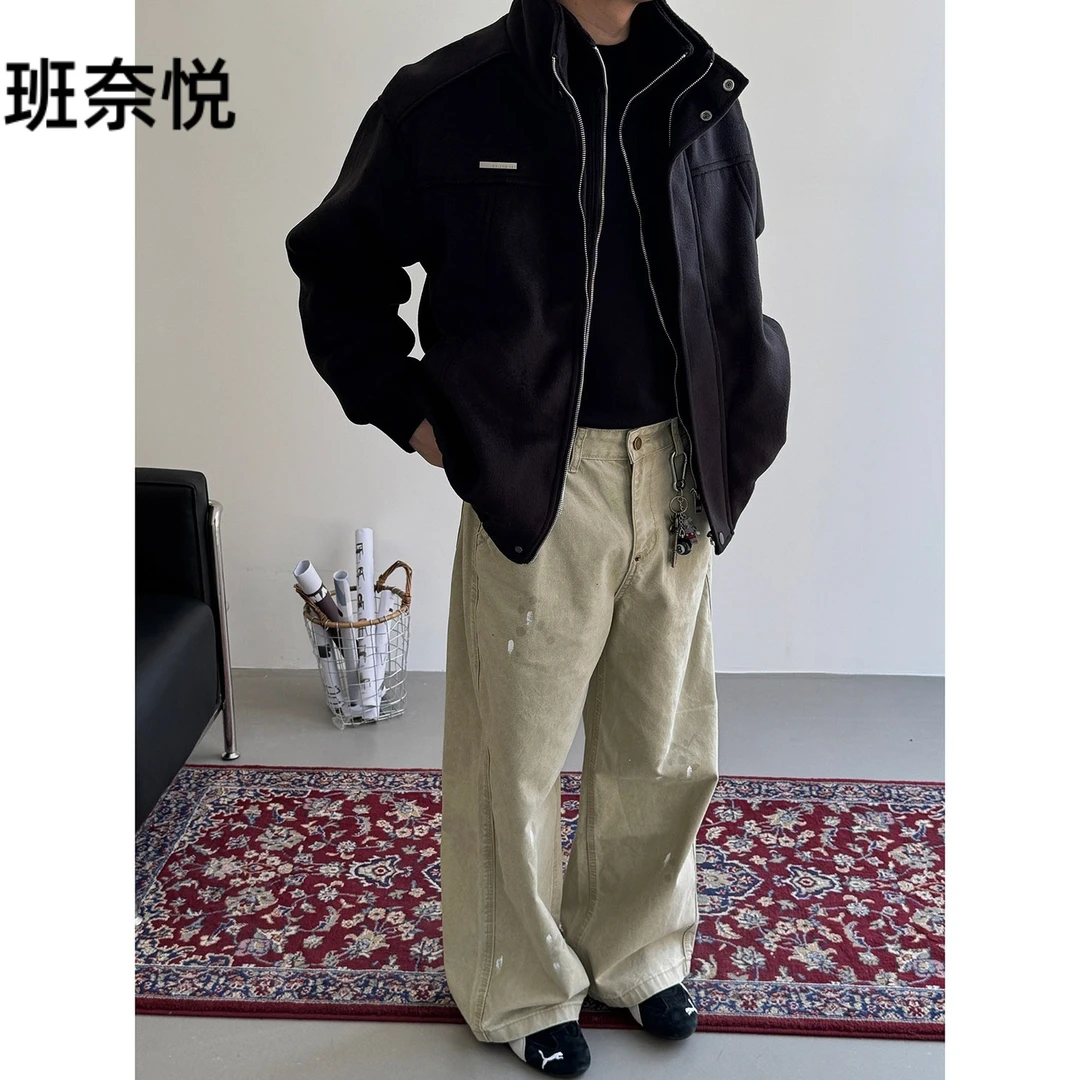 班奈悦秋冬季假两件毛呢加厚夹克男美式休闲宽松百搭立领保暖外套