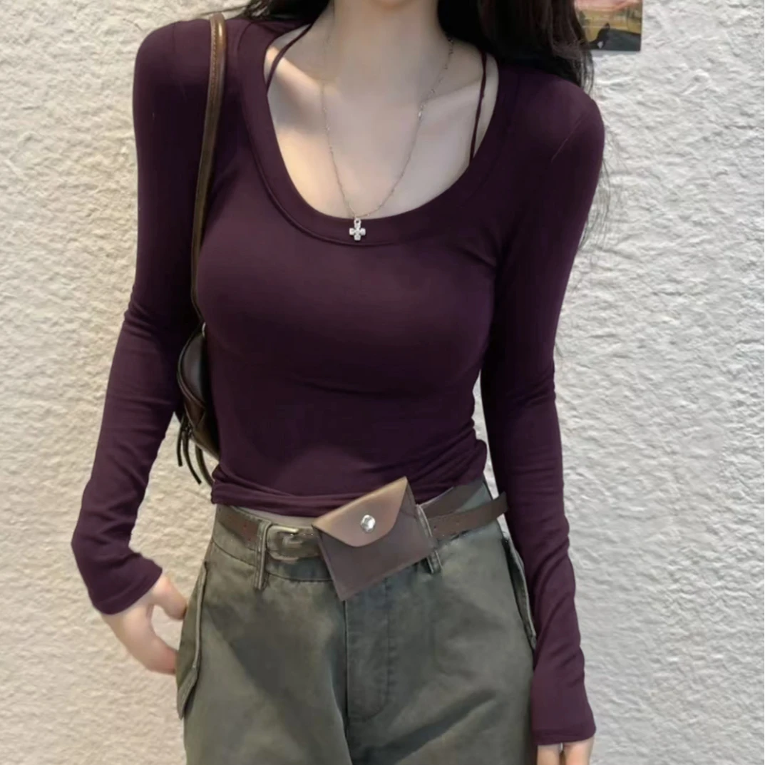 韩版U领打底秋季显瘦舒适内搭长袖T恤上衣女修身外穿6092