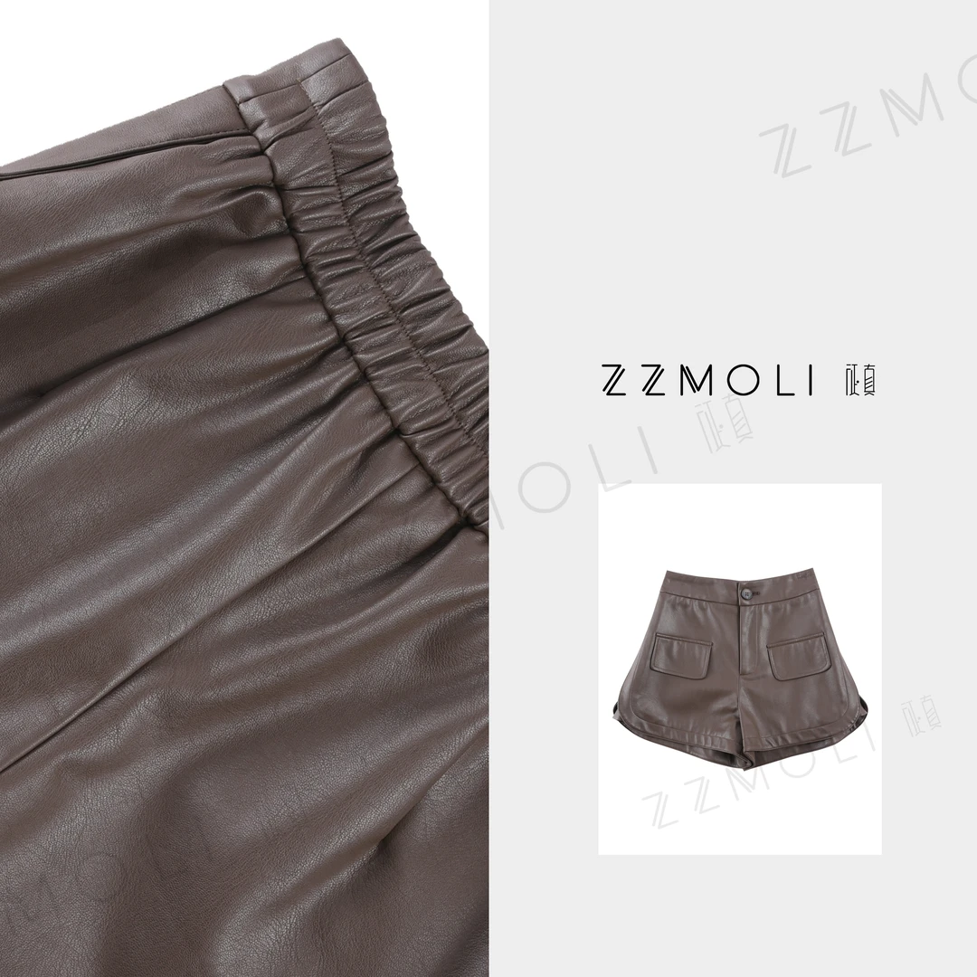 【ZZMOLI】小个子时尚休闲百搭皮裤女高腰简约开叉A版短裤ZBK32009