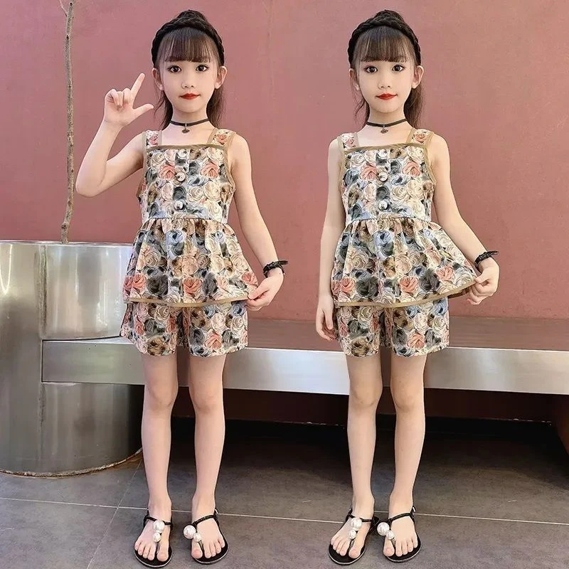 25新款女童网红复古玫瑰花吊带背心短裤夏季中大童洋气时尚两件套